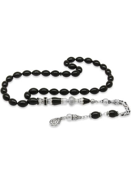925 Ayar Gümüş Kral Püsküllü Nakkaş Imameli Siyah Sıkma Kehribar Tesbih