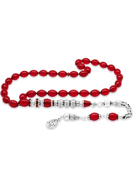 925 Ayar Gümüş Püsküllü Püsküllü Üç Şerefeli Nakkaş Imameli Bayrak Kırmızısı Ateş Kehribar Tesbih