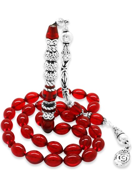 925 Ayar Gümüş Püsküllü Püsküllü Üç Şerefeli Nakkaş Imameli Bayrak Kırmızısı Ateş Kehribar Tesbih fiyatları