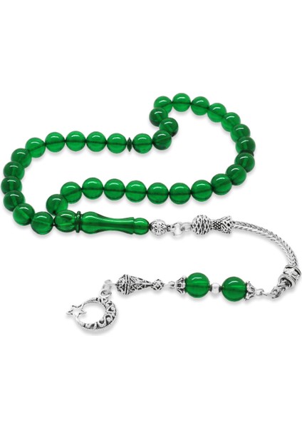 Kararmaz Metal Ayyıldız Püsküllü Küre Kesim Yeşil Ateş Kehribar Tesbih