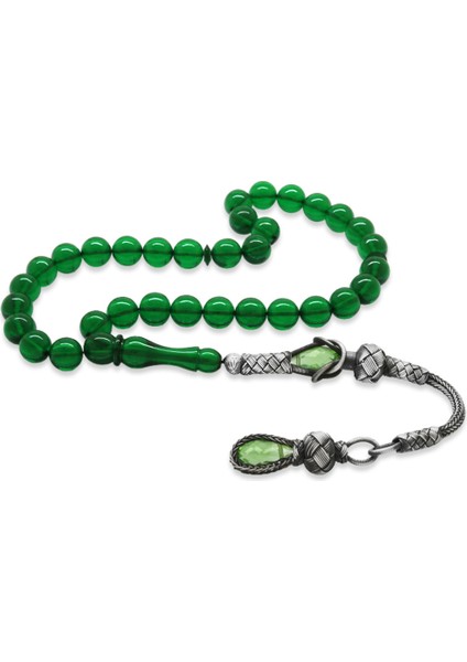 1000 Ayar Gümüş Kazaz Püsküllü Küre Kesim Yeşil Ateş Kehribar Tesbih