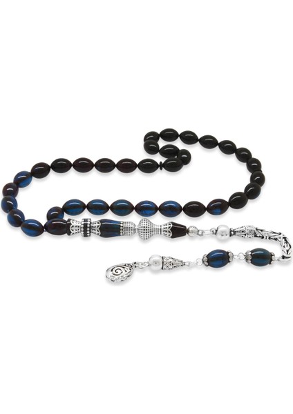 925 Ayar Gümüş Kral Püsküllü Nakkaş Imameli Süzme Mavi-Siyah Sıkma Kehribar Tesbih