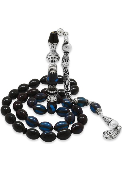 925 Ayar Gümüş Kral Püsküllü Nakkaş Imameli Süzme Mavi-Siyah Sıkma Kehribar Tesbih fiyatları
