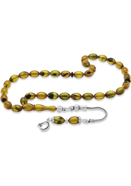 925 Ayar Gümüş Püsküllü Bilek Boy Arpa Kesim Sarı-Siyah Ateş Kehribar Tesbih