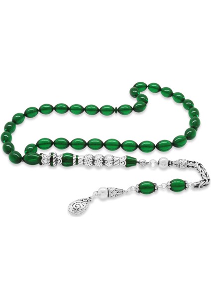 925 Ayar Gümüş Kral Püsküllü Gümüş Üç Şerefeli Nakkaş Imameli Yeşil Ateş Kehribar Tesbih