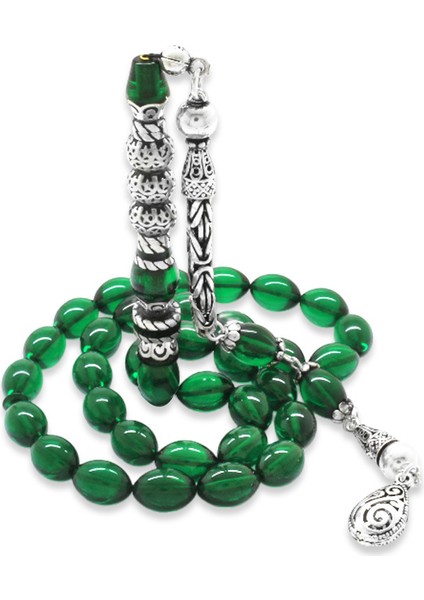 925 Ayar Gümüş Kral Püsküllü Gümüş Üç Şerefeli Nakkaş Imameli Yeşil Ateş Kehribar Tesbih fiyatları