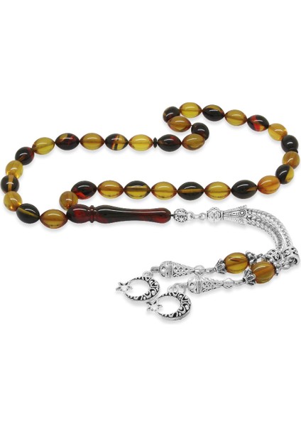 Kararmaz Metal Ayyıldız Püsküllü Arpa Kesim Bala-Siyah Ateş Kehribar Tesbih