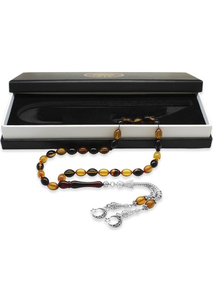 Kararmaz Metal Ayyıldız Püsküllü Arpa Kesim Bala-Siyah Ateş Kehribar Tesbih fiyatları