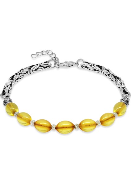 Kararmaz Metal Kral Zincirli Silver Renk Dorika Top Süslemeli Sarı Damla Kehribar Erkek Bileklik