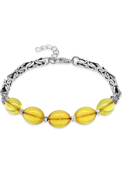 Kararmaz Metal Kral Zincirli Ihlamur Sarısı Damla Kehribar Erkek Bileklik