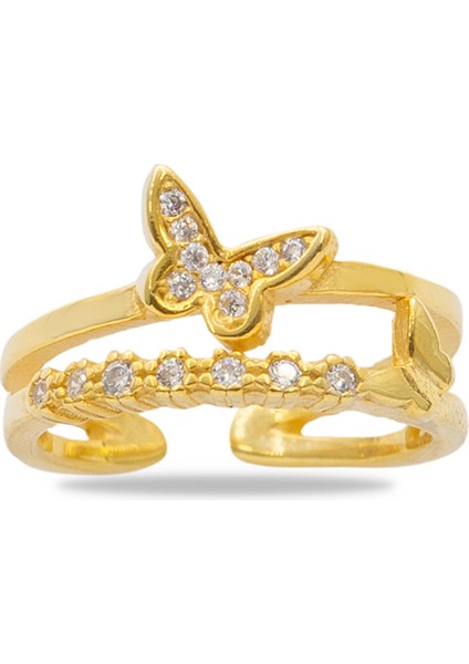 Beyaz Zirkon Taşlı Kelebek Detaylı Silver Renk Free Size 925 Ayar Gümüş Kadın Yüzük