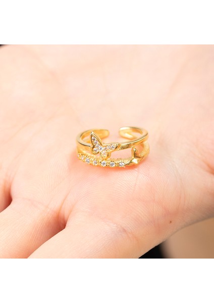 Beyaz Zirkon Taşlı Kelebek Detaylı Silver Renk Free Size 925 Ayar Gümüş Kadın Yüzük modelleri