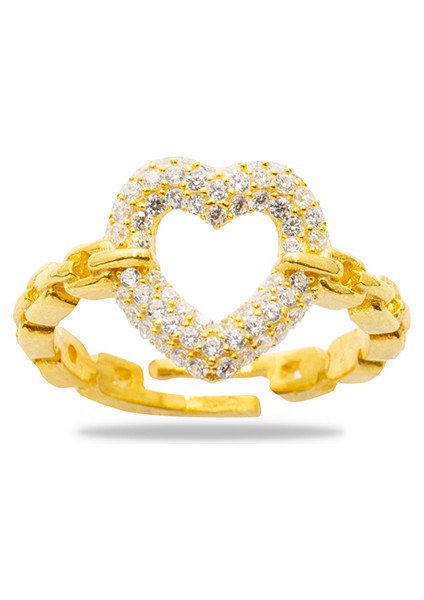 Beyaz Zirkon Taşlı Kalp Tasarım Gold Renk Free Size 925 Ayar Gümüş Kadın Yüzük