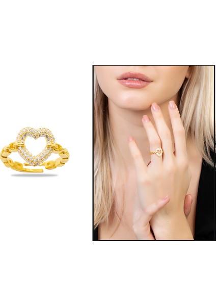 Beyaz Zirkon Taşlı Kalp Tasarım Gold Renk Free Size 925 Ayar Gümüş Kadın Yüzük fiyatları