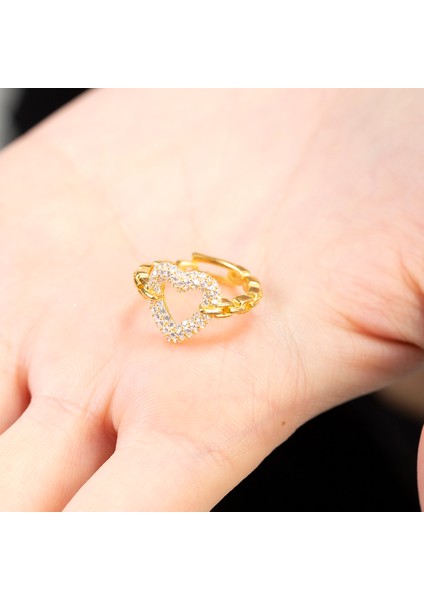 Beyaz Zirkon Taşlı Kalp Tasarım Gold Renk Free Size 925 Ayar Gümüş Kadın Yüzük modelleri