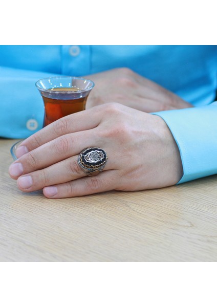 Sıkma Kehribar Üzerine Mühr-I Süleyman ve Duası Işlemeli 925 Ayar Gümüş Erkek Yüzük fırsatları