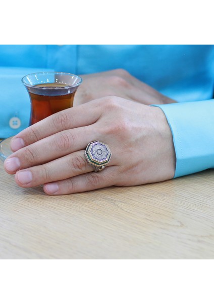 Hüsn-I Hat Ayetel Kürsi Yazılı Zirkon Taş Süslemeli Hançer Detaylı 925 Ayar Gümüş Erkek Yüzük fırsatları