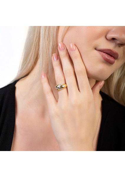 Gökyüzü - Gezegenler Tasarım Gold Renk Free Size 925 Ayar Gümüş Kadın Yüzük