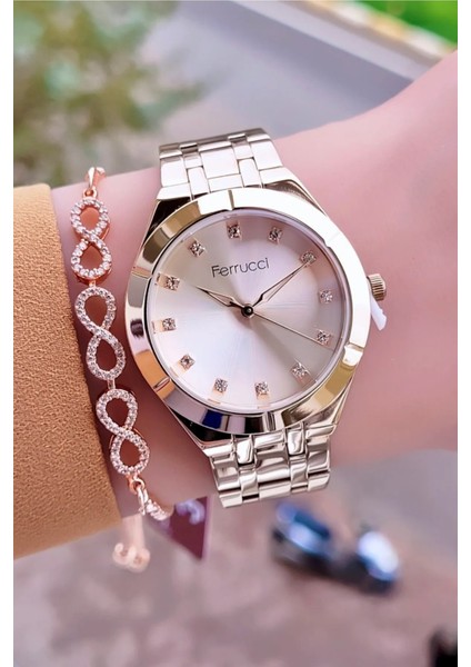 Çelik Kordon Taşlı Şık Kadın Kol Saati+Bileklik