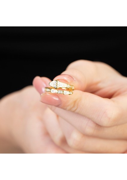 Zirkon Taşlı Snake Tasarım Gold Renk 925 Ayar Gümüş Kadın Yüzük fiyatları