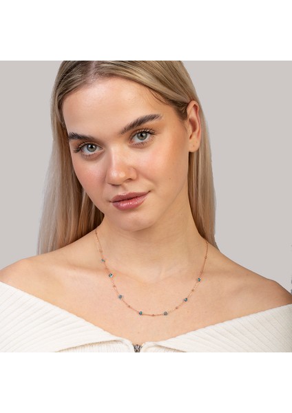 Basic Model Nazar Boncuğu Detaylı Rose Renk 925 Ayar Gümüş Kadın Şans Kolyesi modelleri