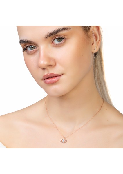 Zirkon Taşlı Göz Tasarım Rose Renk 925 Ayar Gümüş Kadın Kolye modelleri