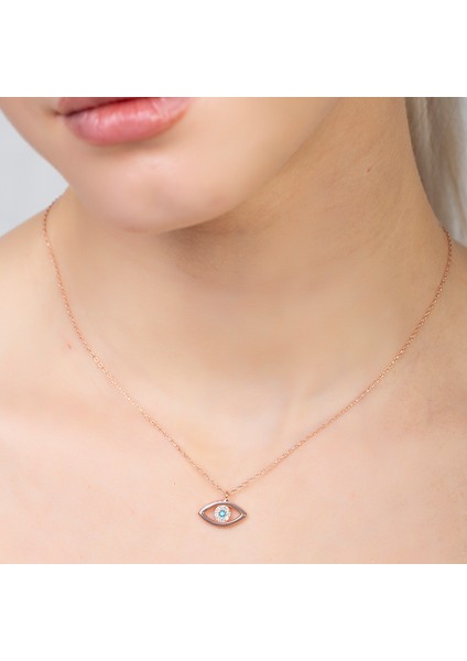Zirkon Taşlı Göz Tasarım Rose Renk 925 Ayar Gümüş Kadın Kolye fırsatları