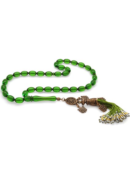 Antik Bakır Osmanlı Saray Püsküllü Arpa Kesim Yeşil Ateş Kehribar Tesbih