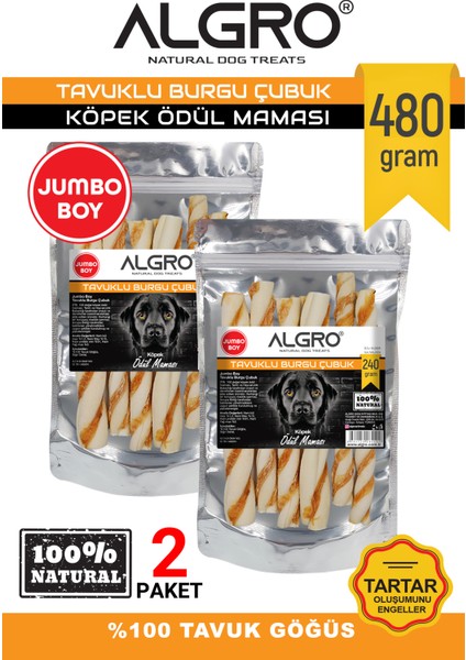 %100 Tavuk Göğüs Etli Jumbo Boy Burgu Çubuk 240 gr Sığır Derisi 2 Paket
