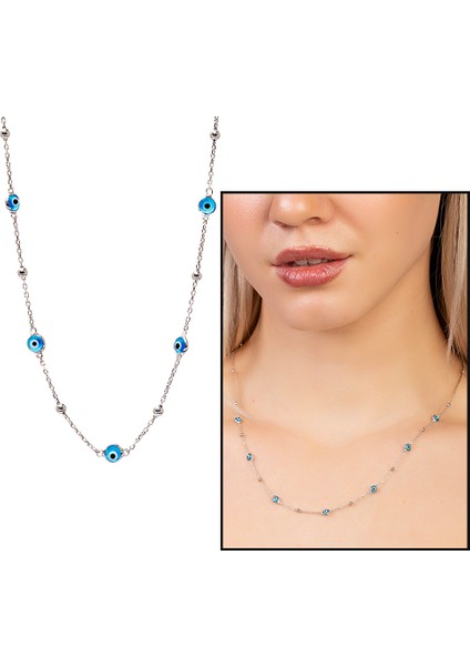 Basic Model Nazar Boncuğu Detaylı Silver Renk 925 Ayar Gümüş Kadın Şans Kolyesi