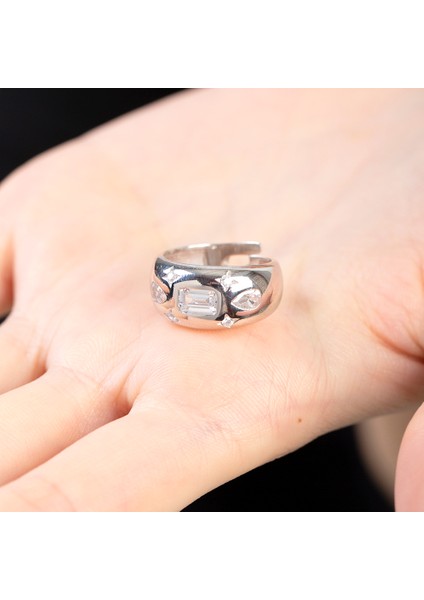 Su Damlası - Yıldız Süslemeli Silver Renk Free Size 925 Ayar Gümüş Kadın Yüzük modelleri