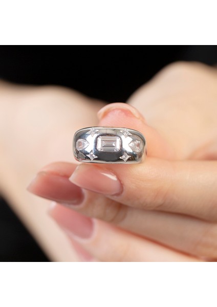 Su Damlası - Yıldız Süslemeli Silver Renk Free Size 925 Ayar Gümüş Kadın Yüzük fırsatları