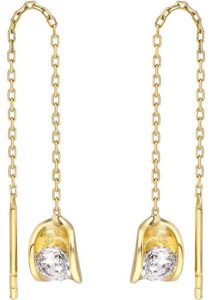 Zirkon Tektaşlı Sandviç Tasarım Gold Renk 925 Ayar Gümüş Sallantılı Küpe