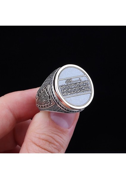 Üzerinde Ayetel Kürsi Yazılı Oval Tasarım 925 Ayar Gümüş Erkek Yüzük fiyatları