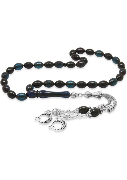 Kararmaz Metal Ayyıldız Püsküllü Arpa Kesim Turkuaz-Siyah Ateş Kehribar Tesbih