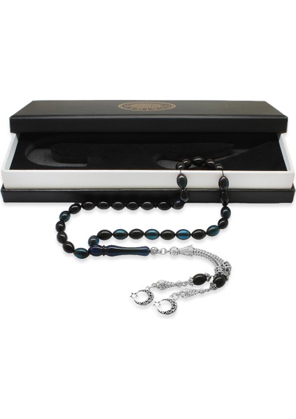 Kararmaz Metal Ayyıldız Püsküllü Arpa Kesim Turkuaz-Siyah Ateş Kehribar Tesbih fiyatları