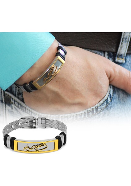 Mustafa Kemal Atatürk Imzalı Ayarlanabilir Silver-Gold Renk Çelik Erkek Hasır Bileklik fiyatları