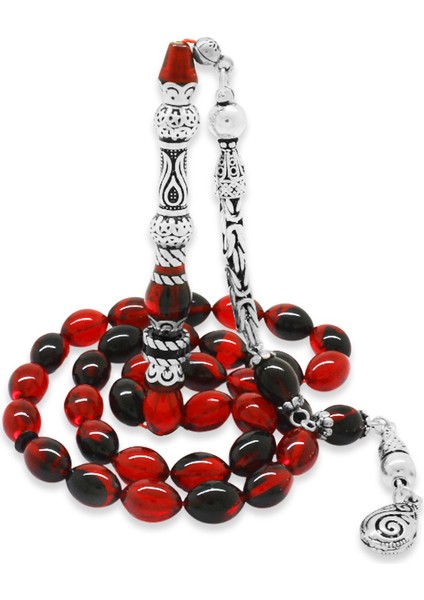 925 Ayar Gümüş Kral Püsküllü Nakkaş Imameli Lale Tasarım Kırmızı-Siyah Ateş Kehribar Tesbih fiyatları