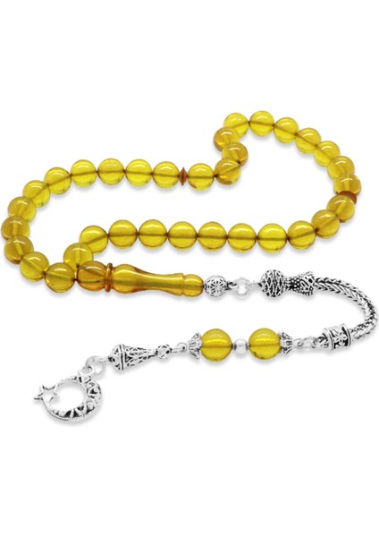 Kararmaz Metal Ayyıldız Püsküllü Küre Kesim Sarı Ateş Kehribar Tesbih