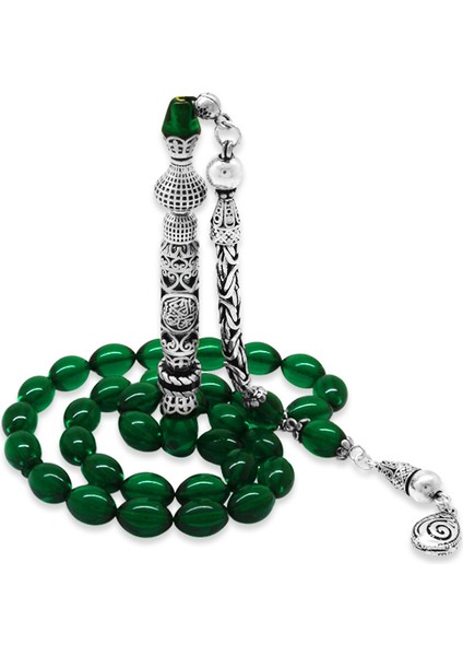 925 Ayar Gümüş Kral Püsküllü Nakkaş Imameli Cevşen Tasarım Yeşil Ateş Kehribar Tesbih fiyatları