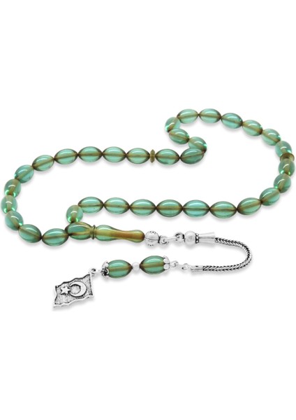 925 Ayar Gümüş Püsküllü Bilek Boy Arpa Kesim Su Mavisi Ateş Kehribar Tesbih