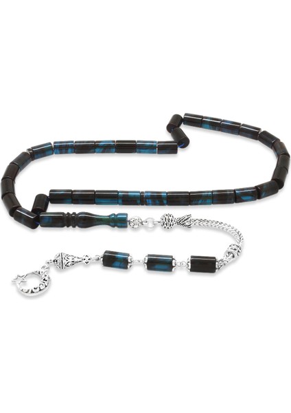 Kararmaz Metal Püsküllü Kesme Kesim Turkuaz-Siyah Ateş Kehribar Tesbih