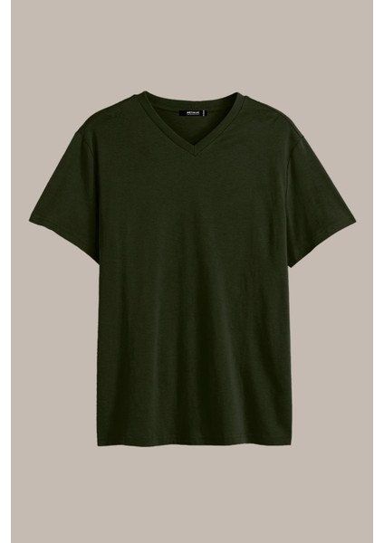 Metalıc Erkek Haki Pamuklu Kısa Kollu V Yaka T-Shirt