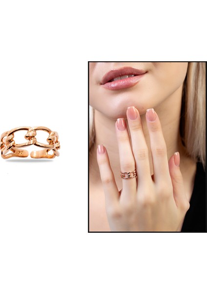 Zincir Tasarım Rose Renk Free Size 925 Ayar Gümüş Kadın Yüzük fiyatları