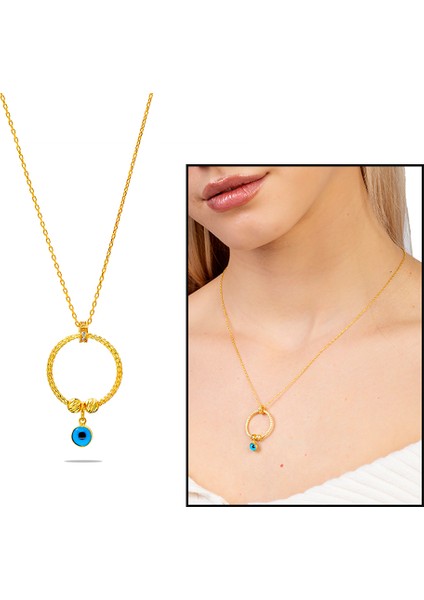Beyaz Zirkon Taşlı Nazar Boncuğu Detaylı Dorika Top Süslemeli Gold Renk 925 Ayar Gümüş Kadın Kolye fiyatları