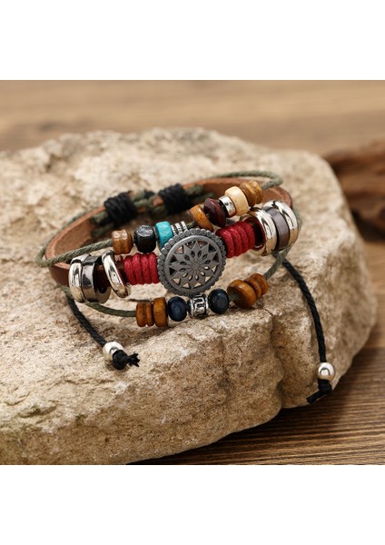 Çok Katmanlı Siyah Deri&metal Alaşım Kombinasyonu Etnik Tasarım Güneş Detaylı Retro Erkek Bileklik fırsatları