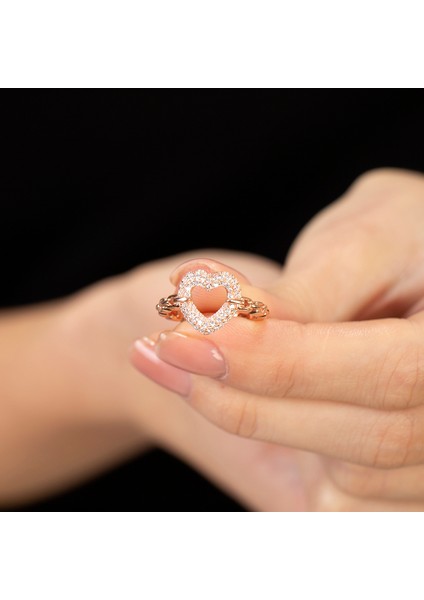 Beyaz Zirkon Taşlı Kalp Tasarım Rose Renk Free Size 925 Ayar Gümüş Kadın Yüzük fiyatları