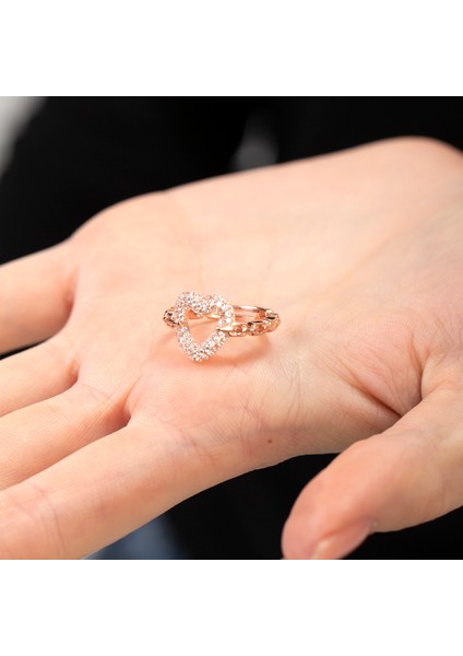 Beyaz Zirkon Taşlı Kalp Tasarım Rose Renk Free Size 925 Ayar Gümüş Kadın Yüzük fırsatları