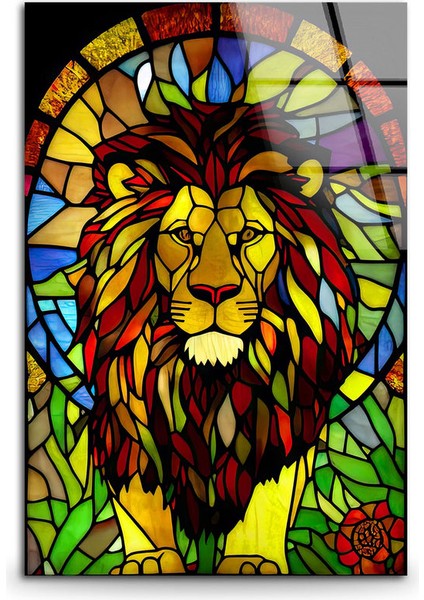 Vitraylı Aslan Soyut Temperli Cam Tablosu