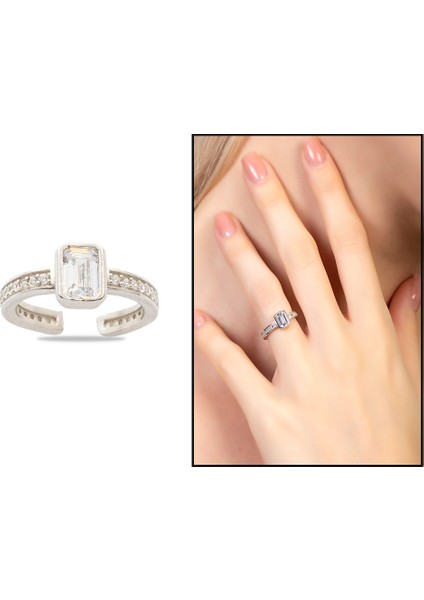 Baget Kesim Beyaz Zirkon Taşlı Silver Renk Free Size 925 Ayar Gümüş Kadın Tektaş Yüzük fiyatları
